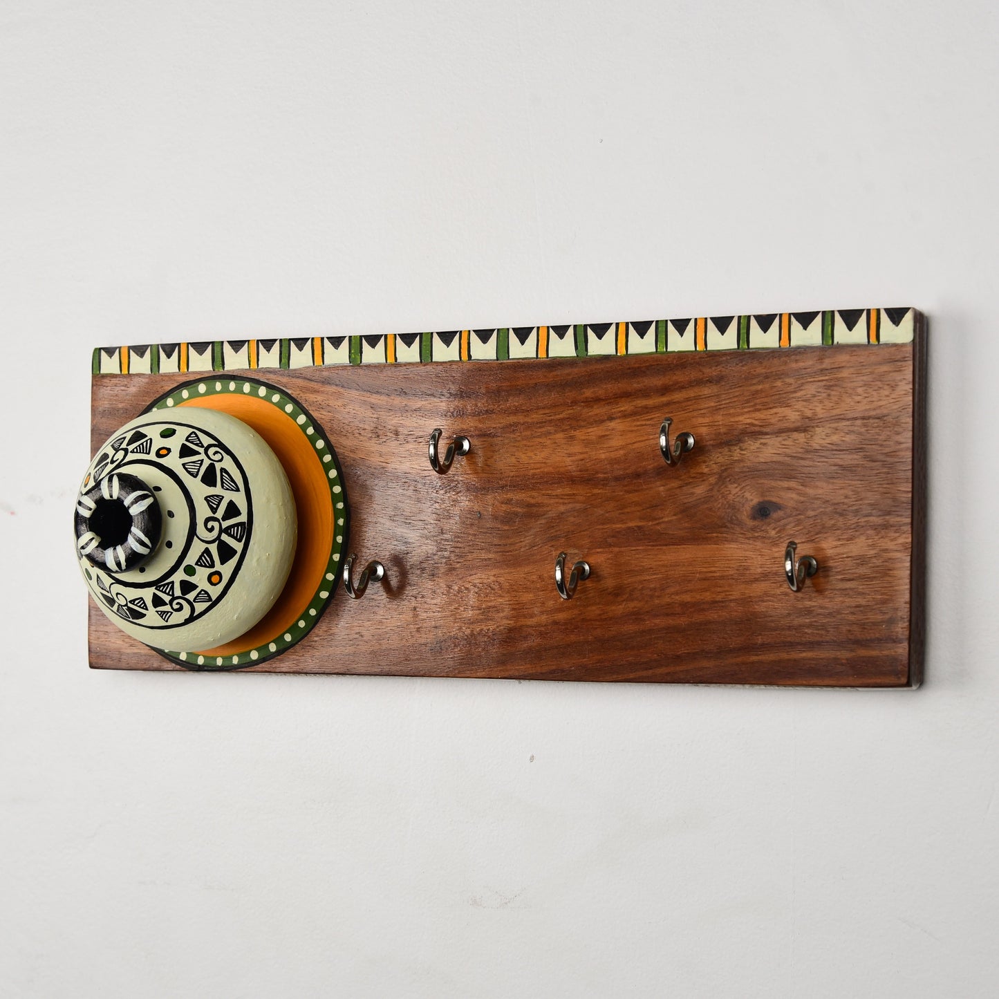 "Matki On Top" Handcrafted Wooden Key Holder In White Color