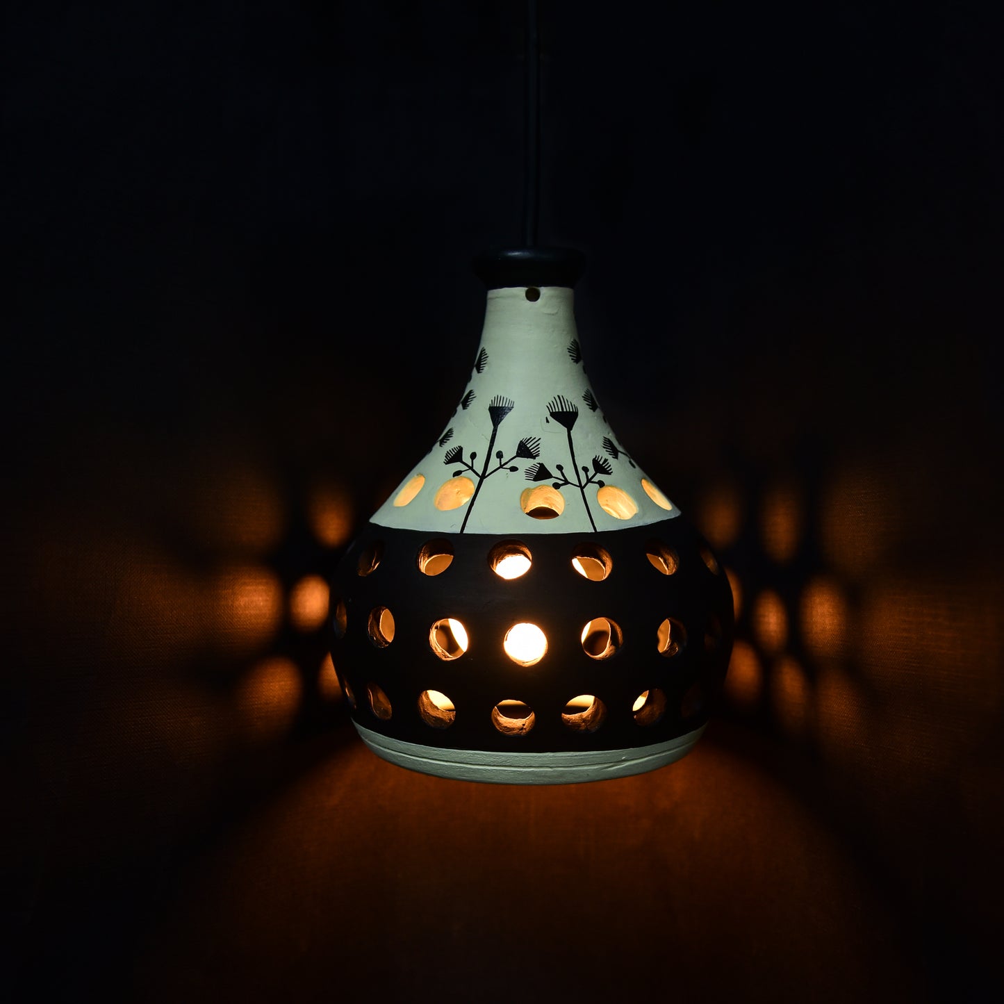 'Ethnic Lantern' Terracotta Handmade Hanging Lamp (Black & White)