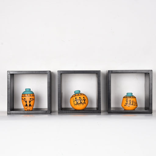 'Art of Life' Wall Mounted Wooden Shelves With Decorative Hand Painted Terracotta Pots In Mustard Color For Home Décor - artystagallery