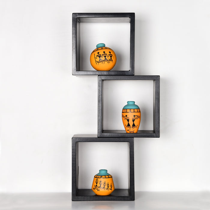 'Art of Life' Wall Mounted Wooden Shelves With Decorative Hand Painted Terracotta Pots In Mustard Color For Home Décor - artystagallery
