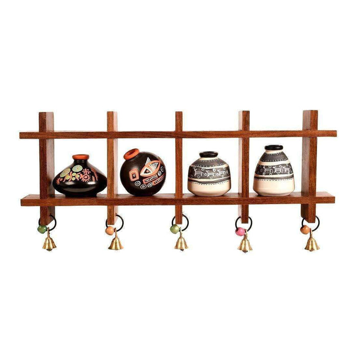 Decorative Wooden Wall Shelf With Miniature Terracotta Pots, Set of 4