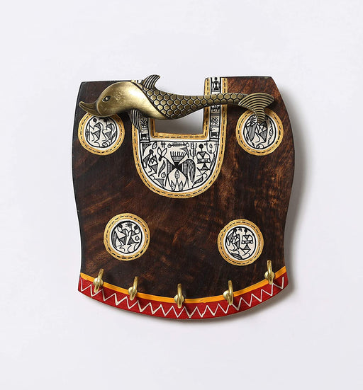 'Warli Fish' Handcrafted Wooden Key Holder for Wall (5 Key Hooks)
