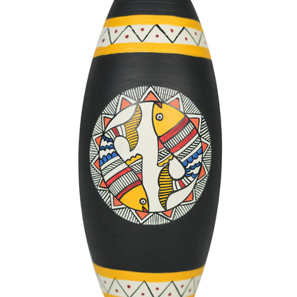 'Fish Encircle' Black Hand-Painted Terracotta Flower Vase, Single