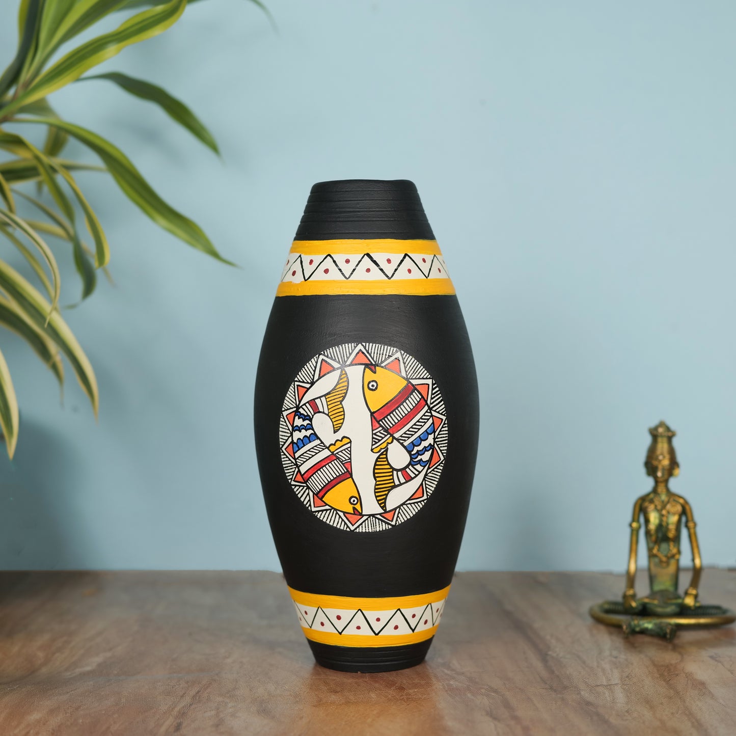 'Fish Encircle' Black Hand-Painted Terracotta Flower Vase, Single