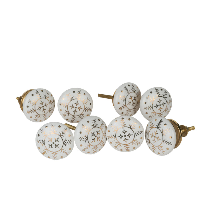 Snow Flakes Ceramic Drawer Knobs in Golden and White Color