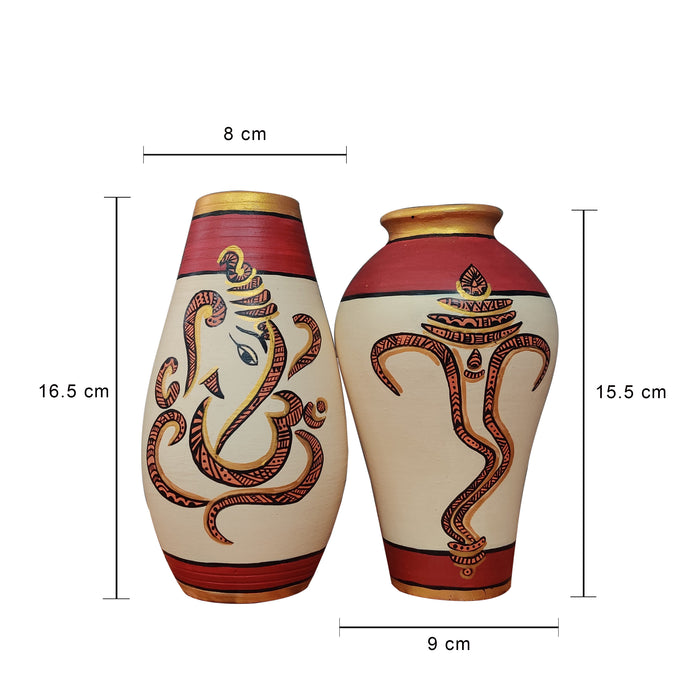 Ganpati Hand-painted Terracotta Vase In Cream & Red Color, Set of 2