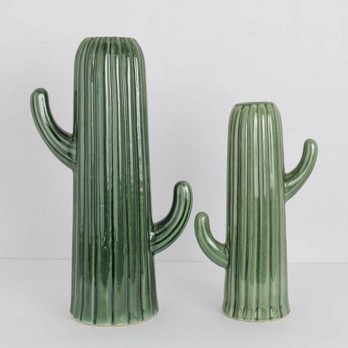 'Green Cactus' Ceramic Decorative Flower Vase For Home Decor, Set of 2