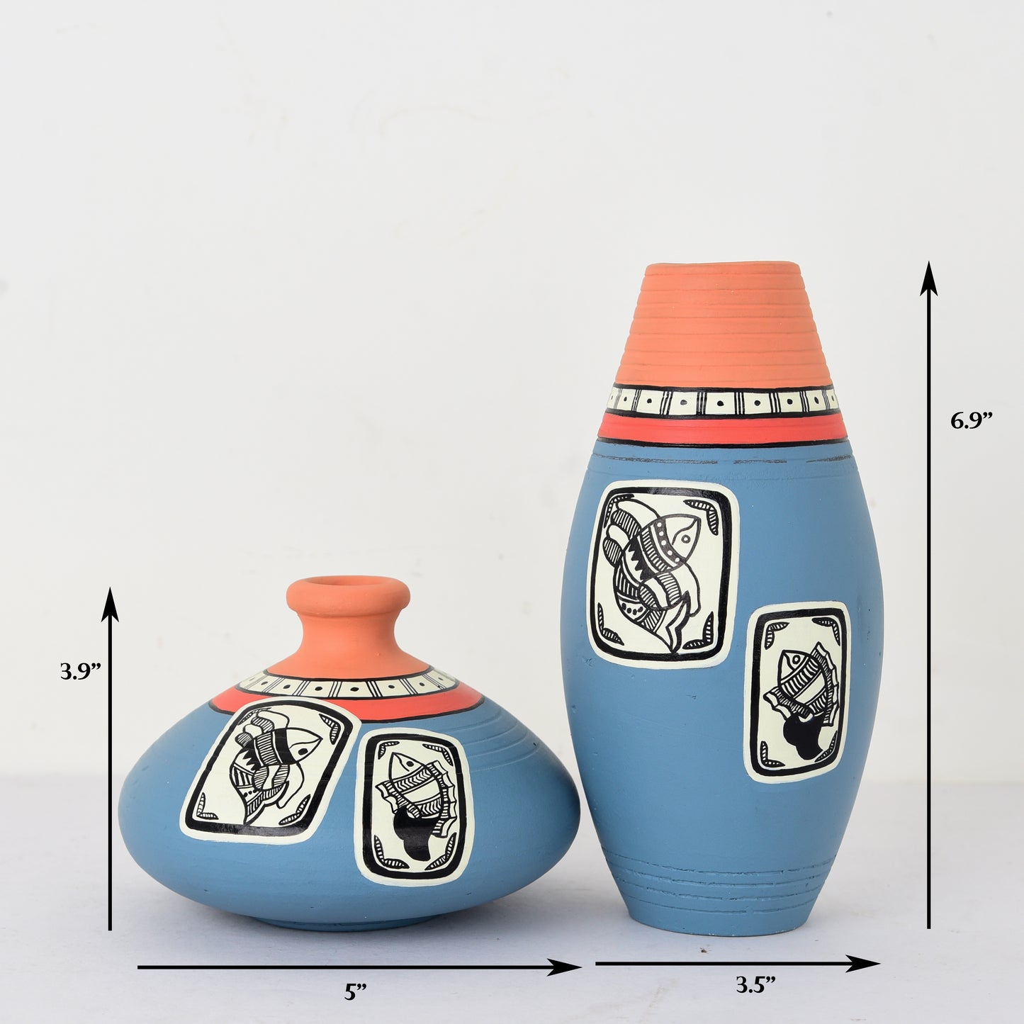 ‘Madhubani Fishes’ Terracotta Vase In Steel Grey Color, Set of 2