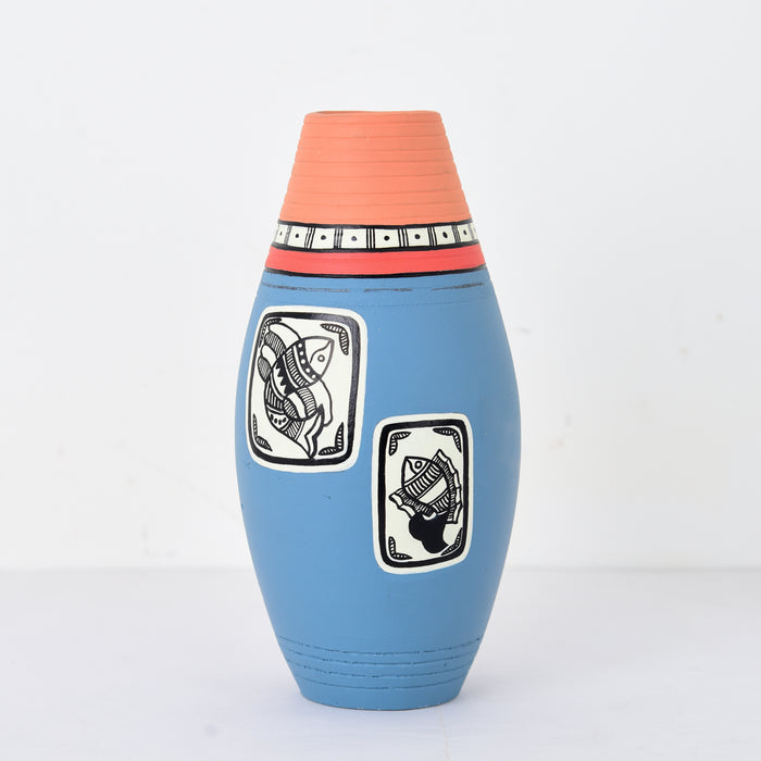 ‘Madhubani Fishes’ Terracotta Vase In Steel Grey Color, Set of 2