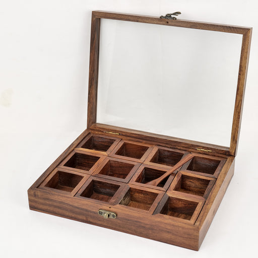 Sheesham Wood Rectangular Spice Box With 12 Container - artystagallery