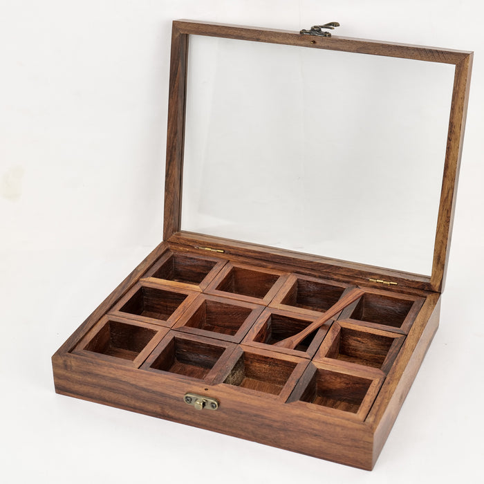 Sheesham Wood Rectangular Spice Box With 12 Container - artystagallery