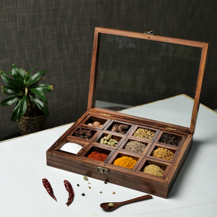 Sheesham Wood Rectangular Spice Box With 12 Container - artystagallery