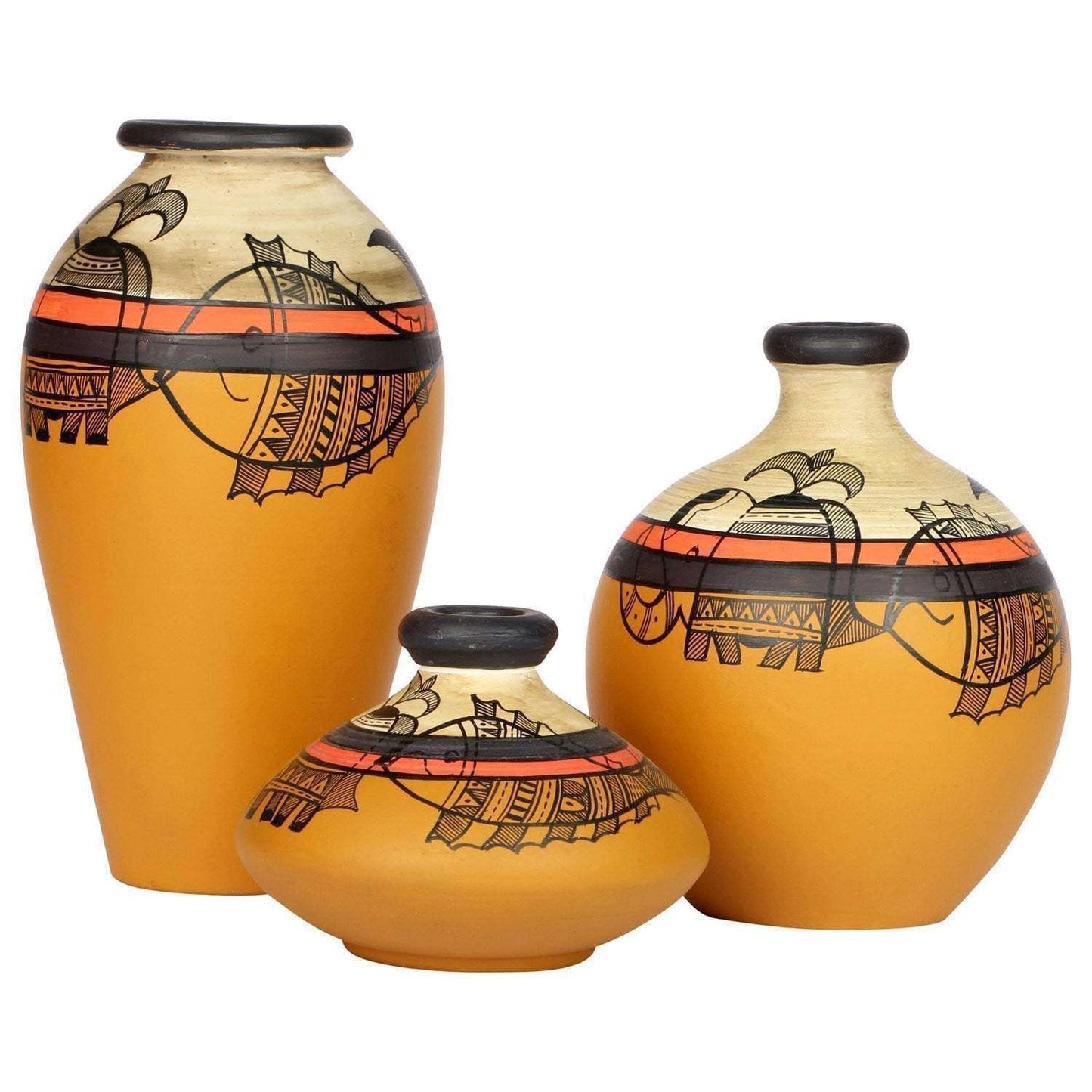 'Madhubani Creatures' Terracotta Vase In Yellow Color, Set of 3