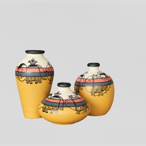 'Madhubani Creatures' Terracotta Vase In Yellow Color, Set of 3