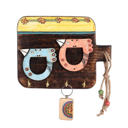 'Bird Motif' Handcrafted Wooden Key Holder (4 Key Hooks)