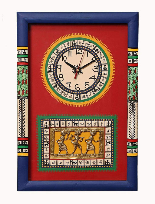 Handcrafted Rectangular Wooden Wall Clock In Red Color