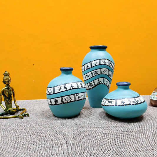 ‘Warli Turquoise’ Terracotta Vase In Aqua Blue (Combo of 3)