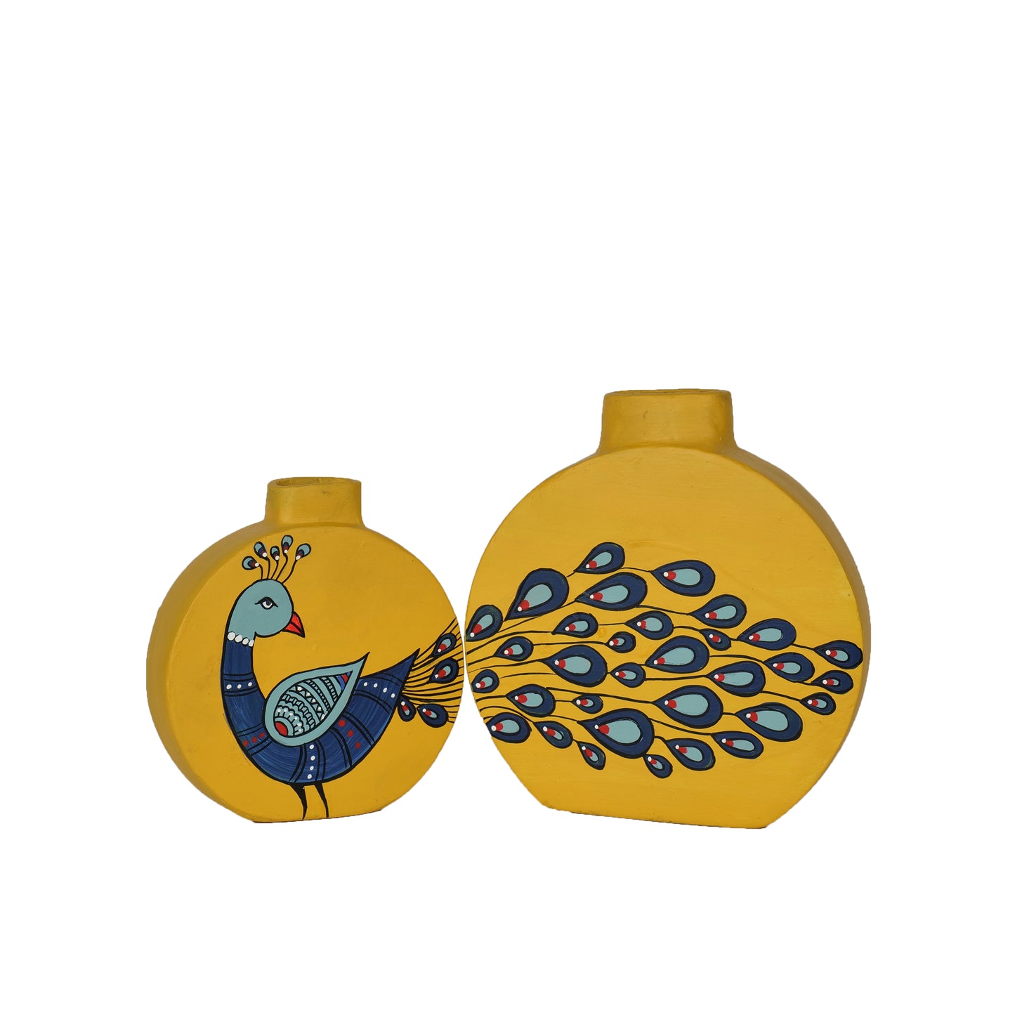 "Dancing Peacock' Terracotta Vase In Yellow Color, Set of 2
