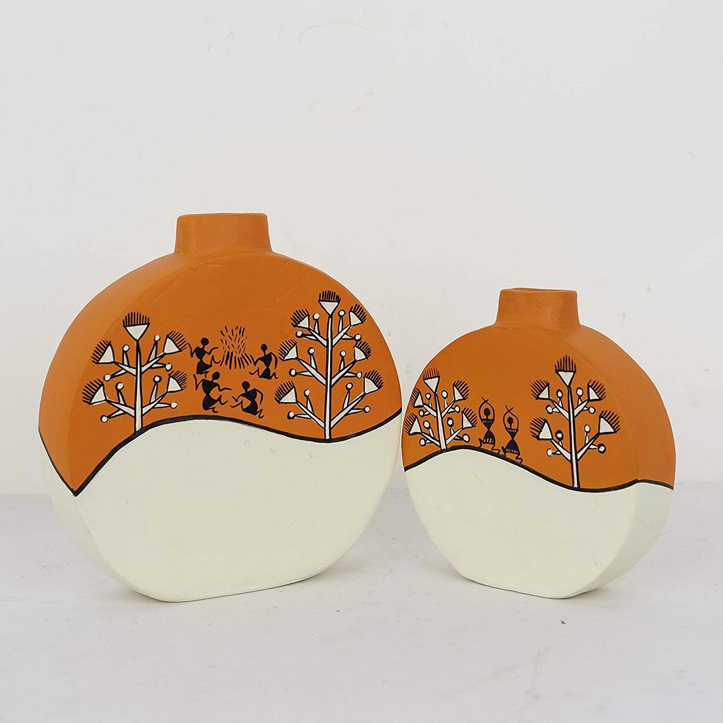 ‘Warli Rounds’ Terracotta Flower Vase In Orange Color, Set of 2