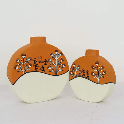 ‘Warli Rounds’ Terracotta Flower Vase In Orange Color, Set of 2