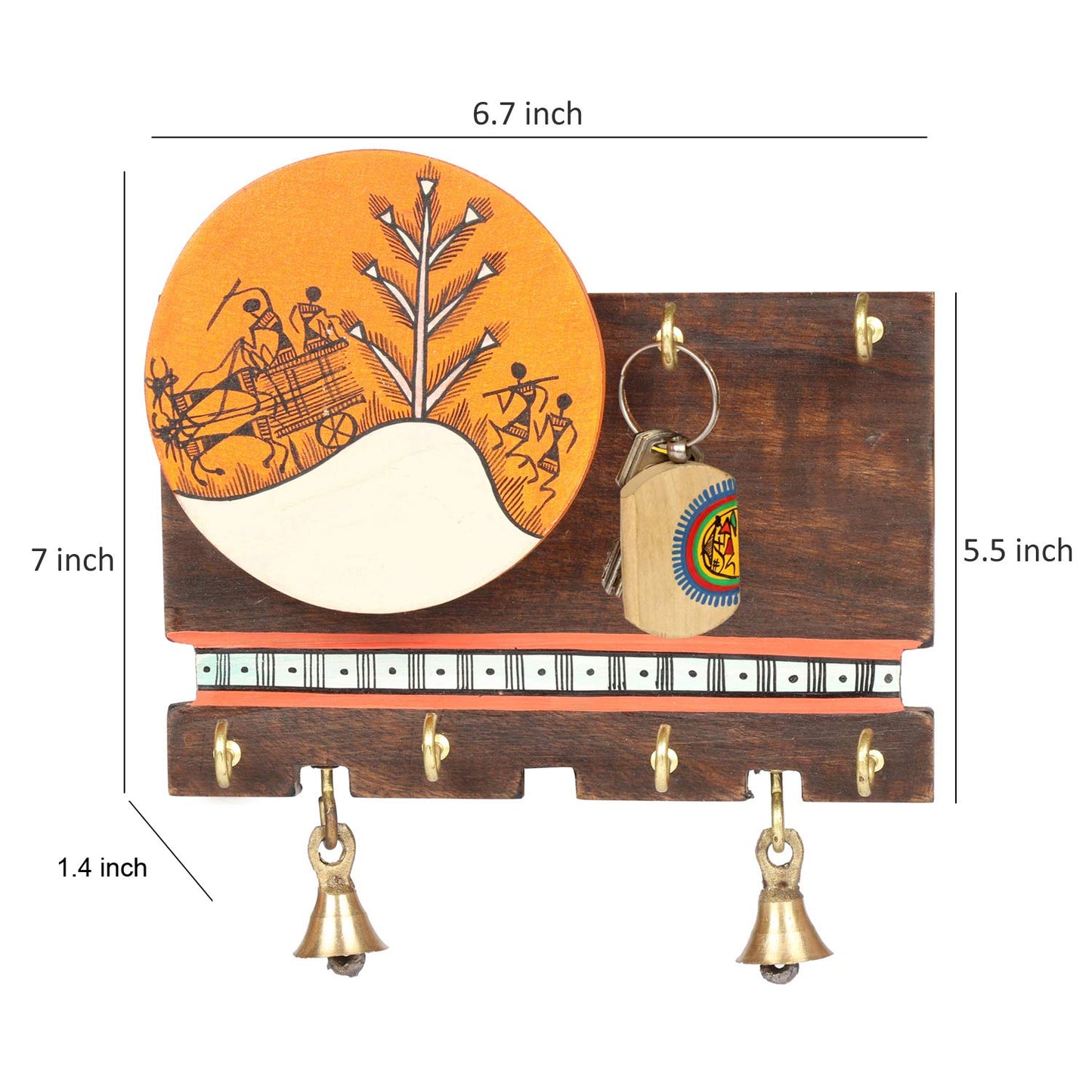 'Warli Slab' Handcrafted Wooden Key Holder for Wall (6 Key Hooks)