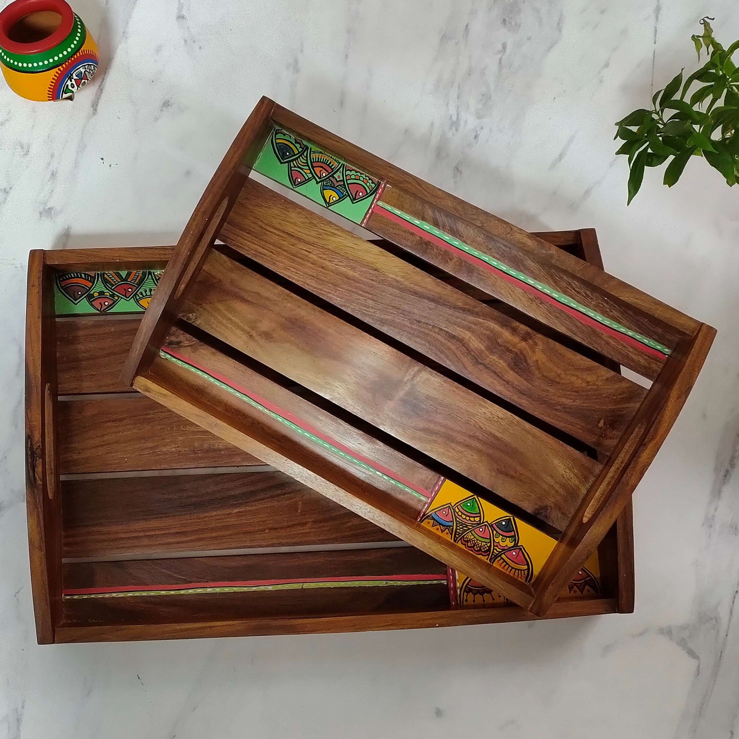 Rectangle Hand Painted Serving Wooden Tray In Sheesham Wood - artystagallery