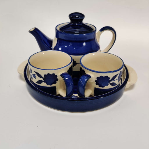 "Indigo Imprints" Teapot Set With Two Cups And Tray - artystagallery