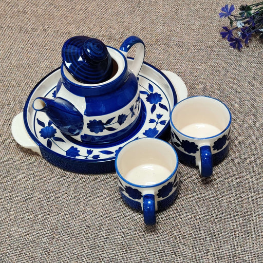 "Indigo Imprints" Teapot Set With Two Cups And Tray - artystagallery