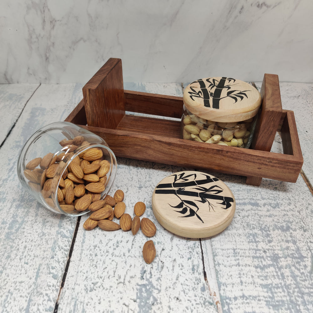 Handicraft Wooden Tray With Two Glass Jar - artystagallery
