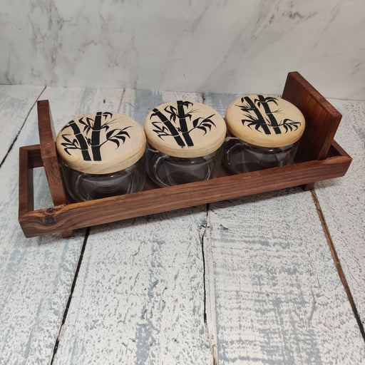 Hand painted Wooden Tray With Three Glass Jars - artystagallery