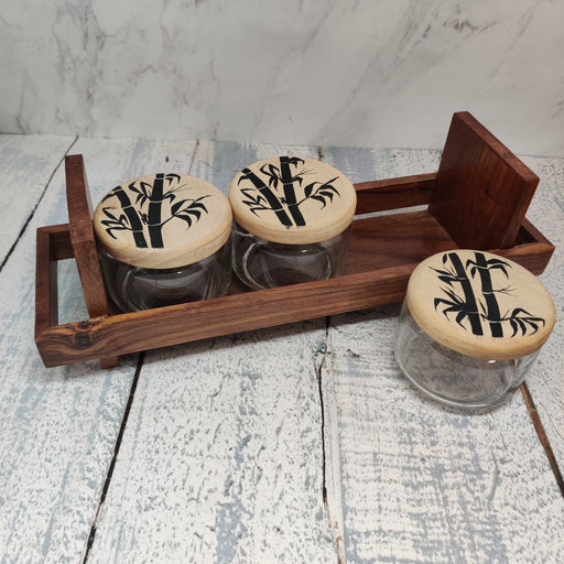 Hand painted Wooden Tray With Three Glass Jars - artystagallery