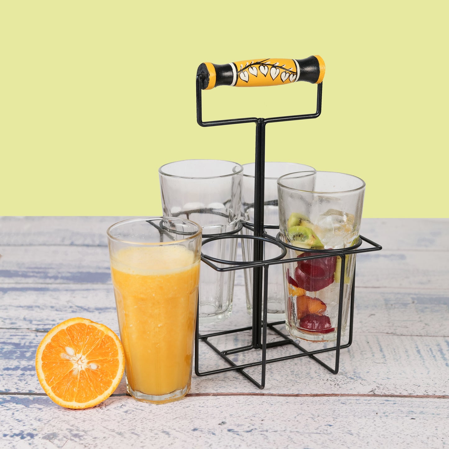 'Leafy Branch' Juice Glasses With Stand In Yellow Color, Set of 4