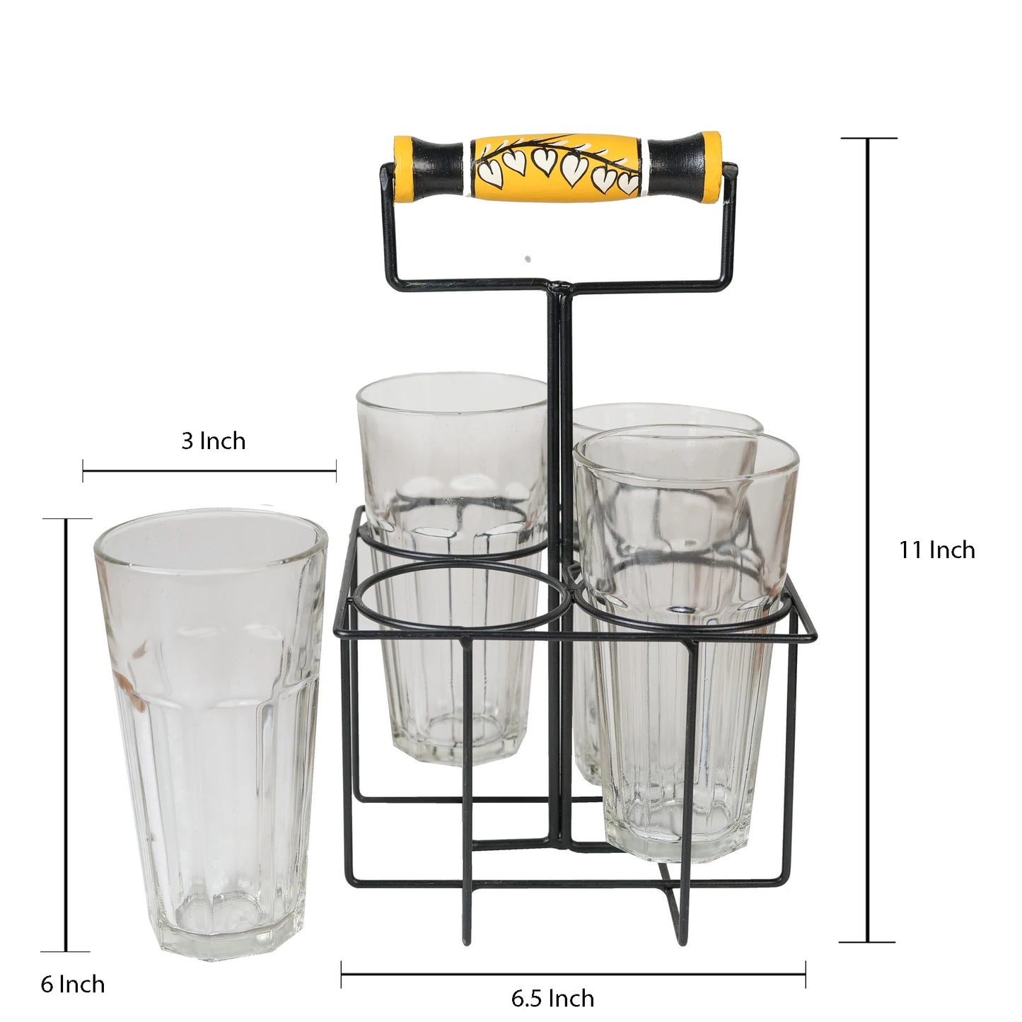 'Leafy Branch' Juice Glasses With Stand In Yellow Color, Set of 4