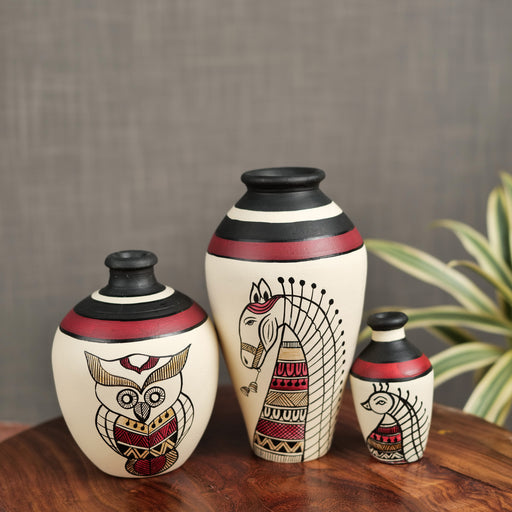 ‘Madhubani Creatures’ Hand-painted Terracotta Flower Vase, Set of 3