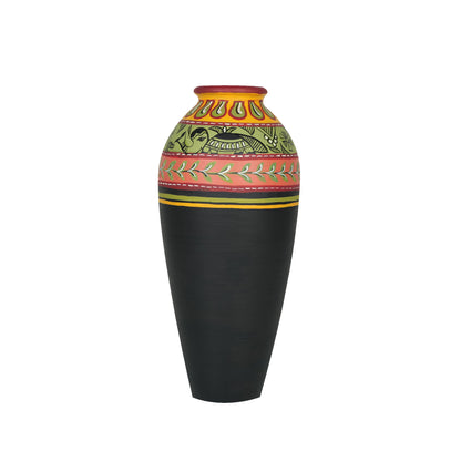 'Madhubani Border' Black Hand-Painted Terracotta Vase, Single