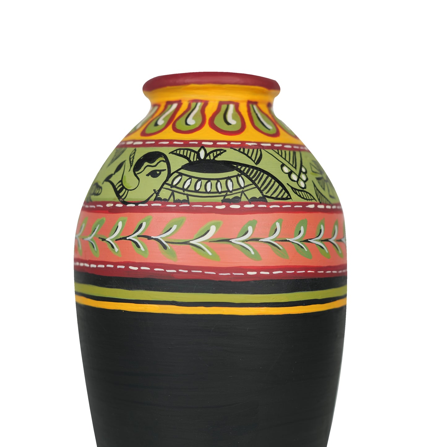 'Madhubani Border' Black Hand-Painted Terracotta Vase, Single