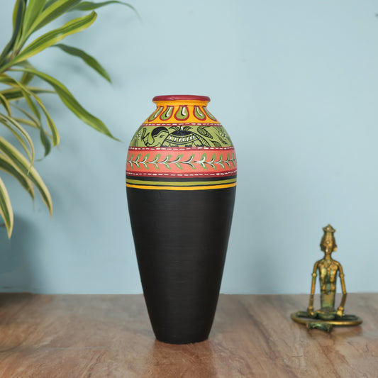 'Madhubani Border' Black Hand-Painted Terracotta Vase, Single