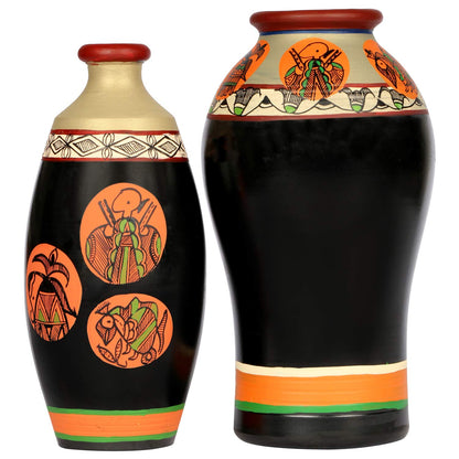 ‘Madhubani Fauna’ Terracotta Vase In Black Color, Set of 2