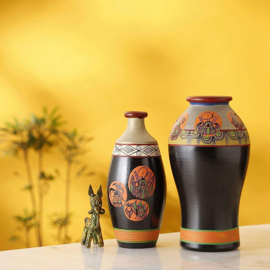 ‘Madhubani Fauna’ Terracotta Vase In Black Color, Set of 2