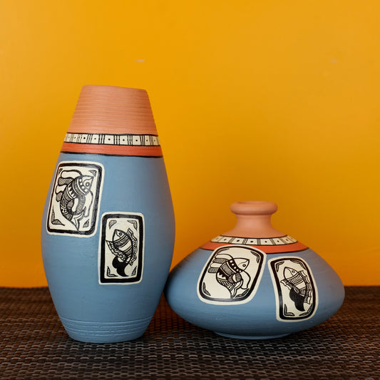 ‘Madhubani Fishes’ Terracotta Vase In Steel Grey Color, Set of 2