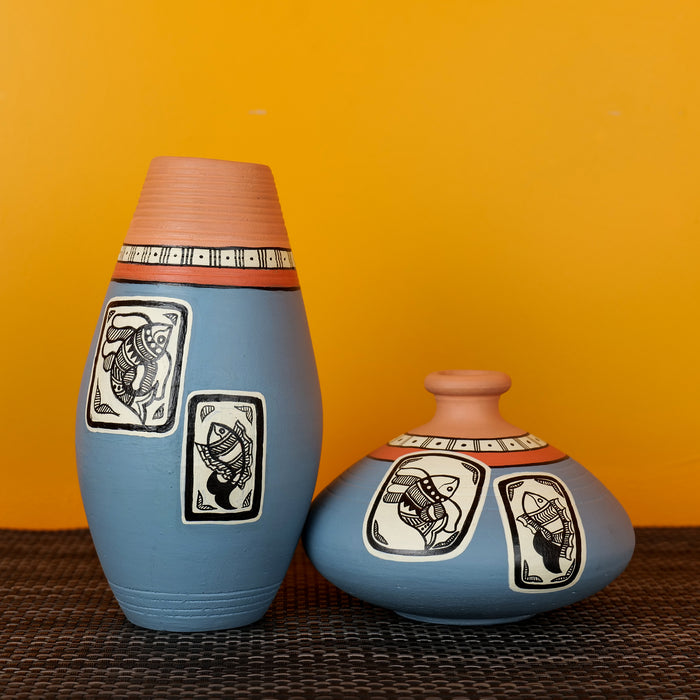 ‘Madhubani Fishes’ Terracotta Vase In Steel Grey Color, Set of 2