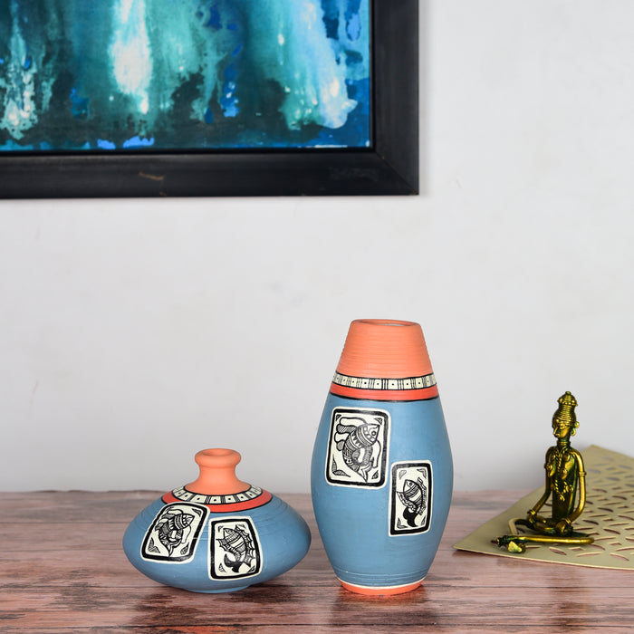 ‘Madhubani Fishes’ Terracotta Vase In Steel Grey Color, Set of 2
