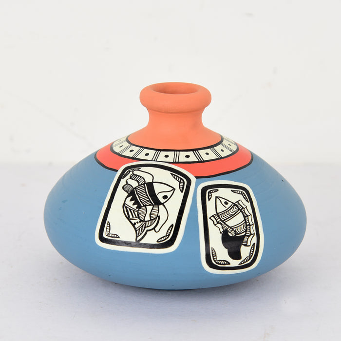 ‘Madhubani Fishes’ Terracotta Vase In Steel Grey Color, Set of 2