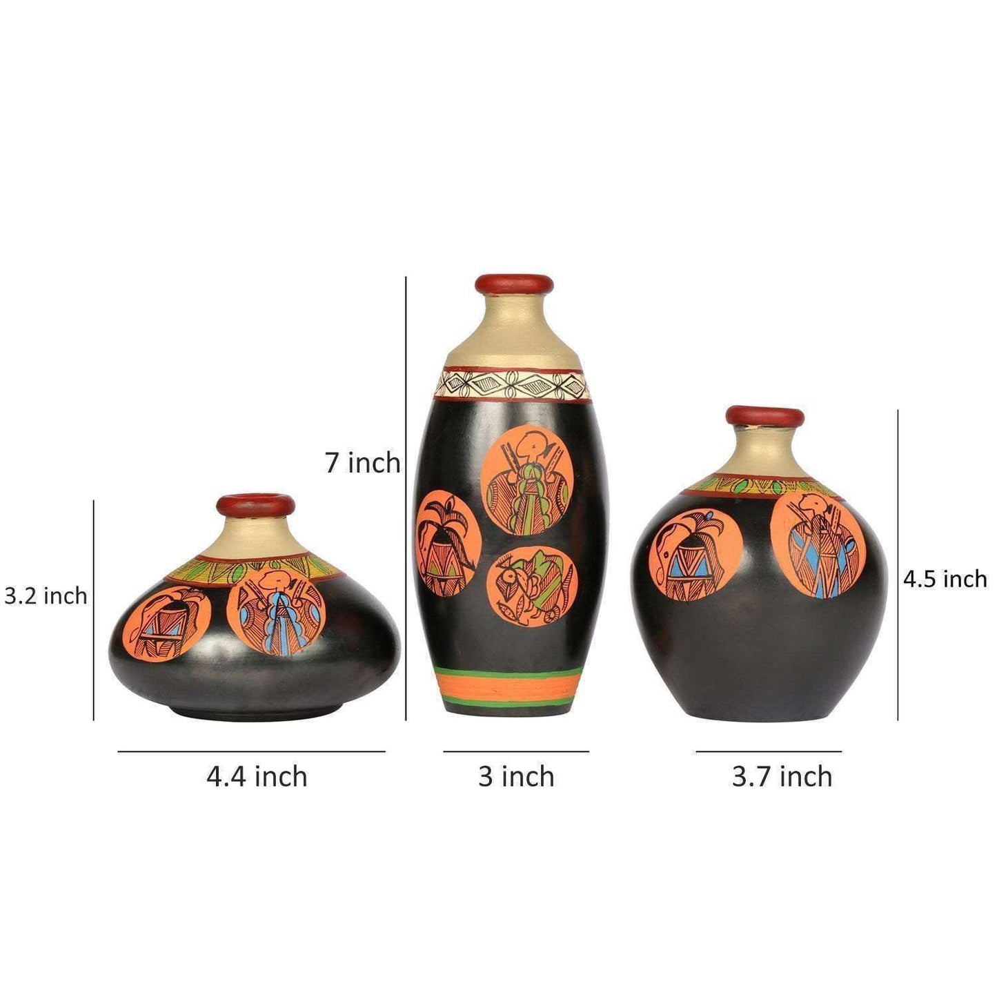 'Madhubani Jungle' Terracotta Vase Hand-Painted In Black Color, Set of 3