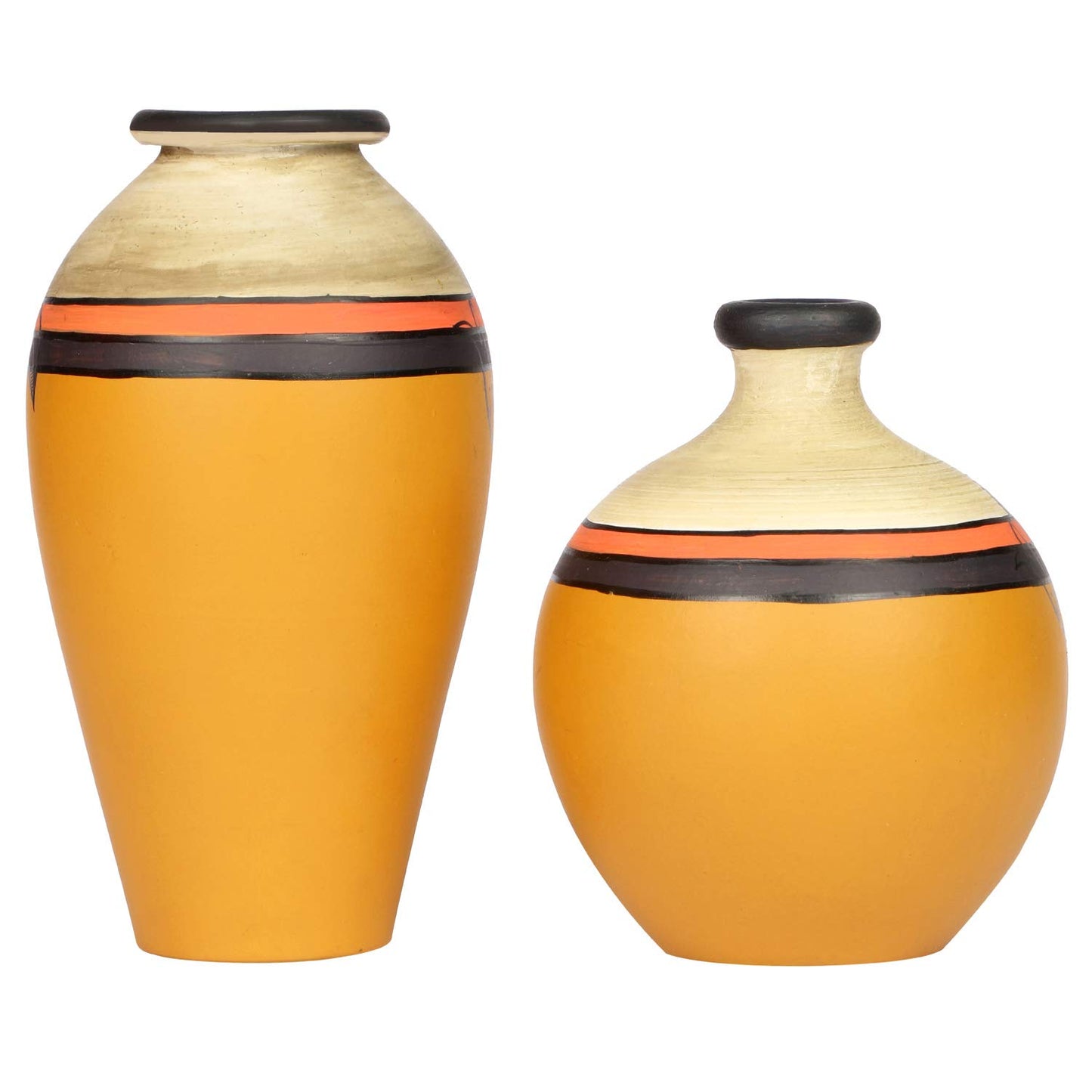 ‘Madhubani Fauna’ Hand-painted Terracotta Vase In Yellow Color, Set of 2