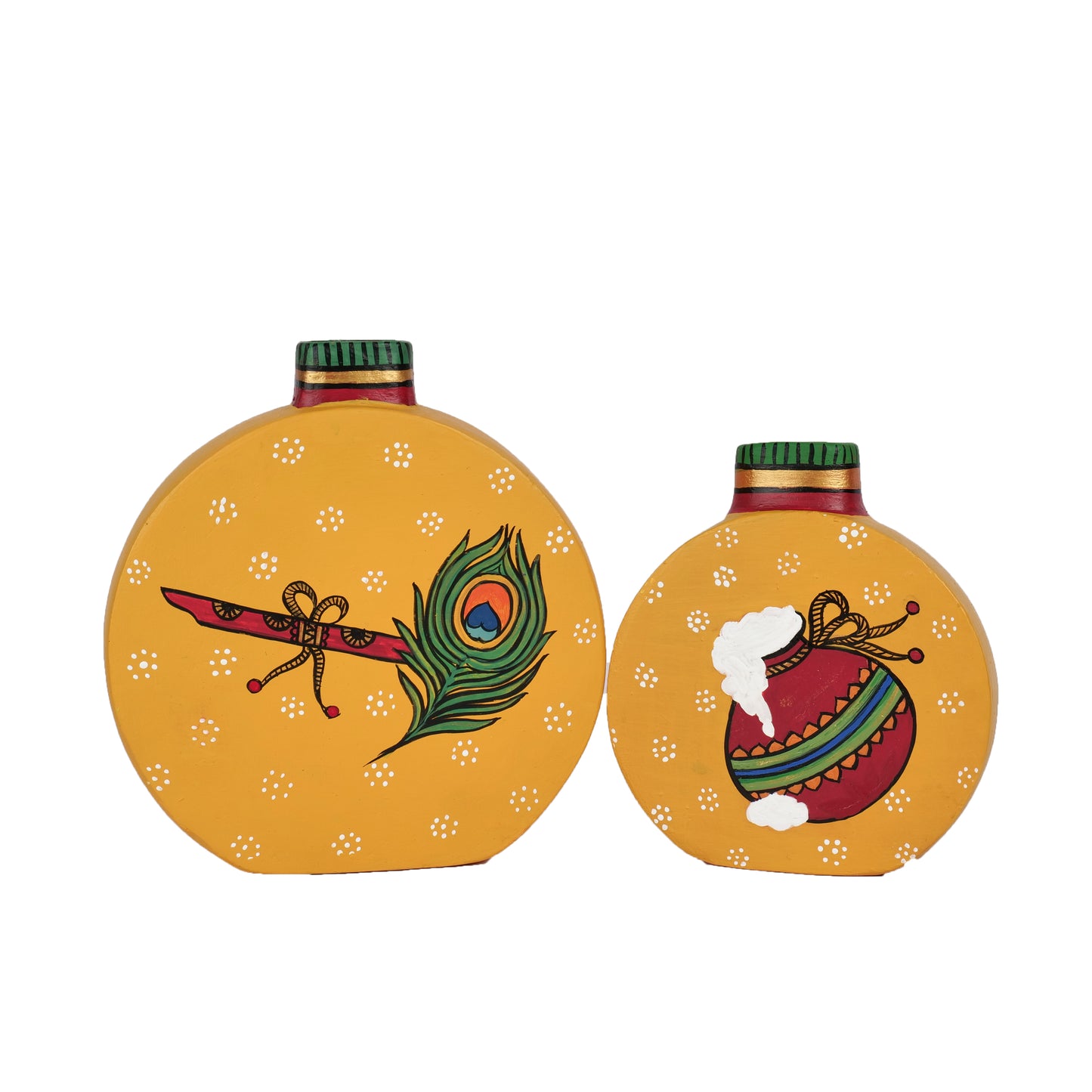 'Mor Pankh' Terracotta Vase Hand-Painted In Yellow Color, Set of 2