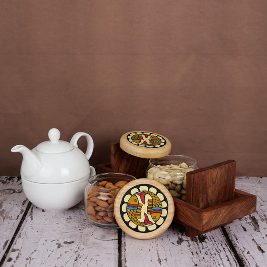 'Fish Encircle' Handcrafted Wooden Tray With Two Airtight Glass Jar (300 ml) - artystagallery
