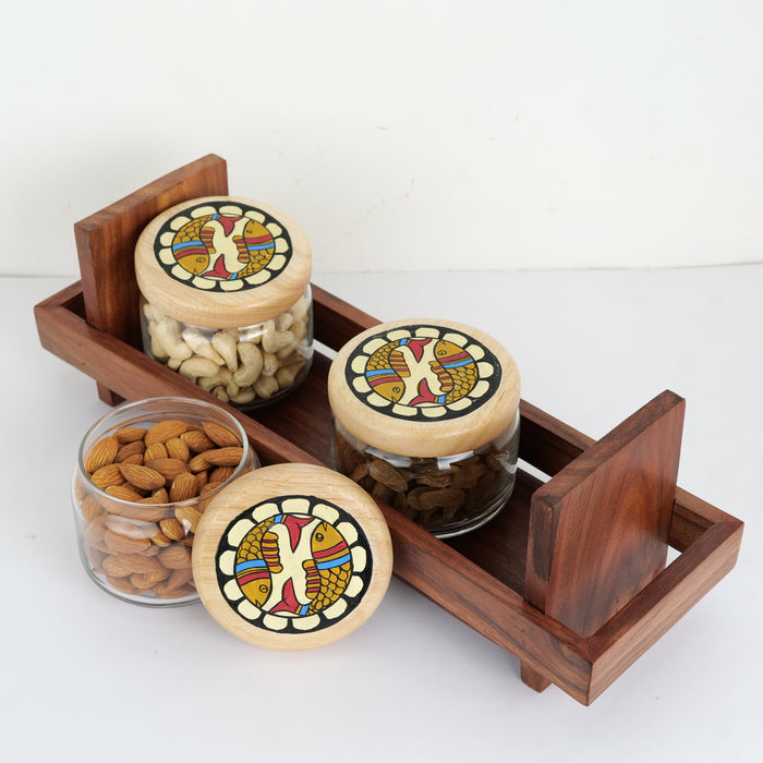 Hand painted Snacks Jar Set In Glass With Wooden Tray - artystagallery