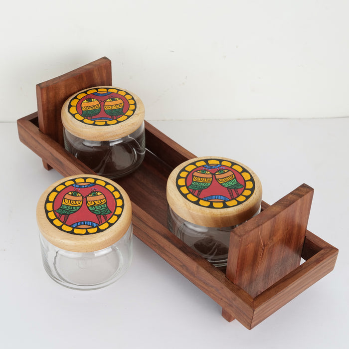 'Chirping Birds' Glass Jar Set In With Wooden Tray - artystagallery