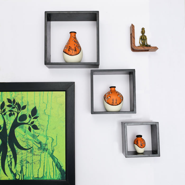 'Art of Life' Wall Shelves With Decorative Pots In Orange Color - artystagallery
